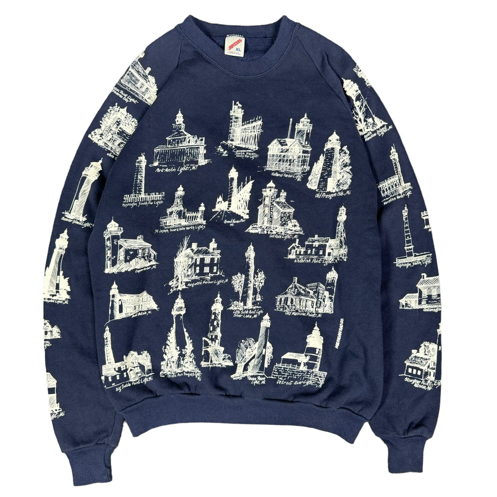 (XL) 90s Lighthouse AOP Crewneck Sweatshirt